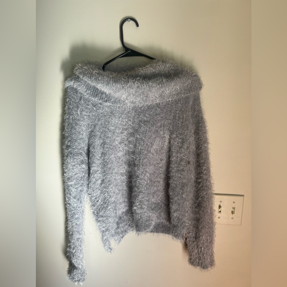 Light Gray Fuzzy Off The Shoulder Cowl Neck Sweater Pink Rose Size Small/Medium